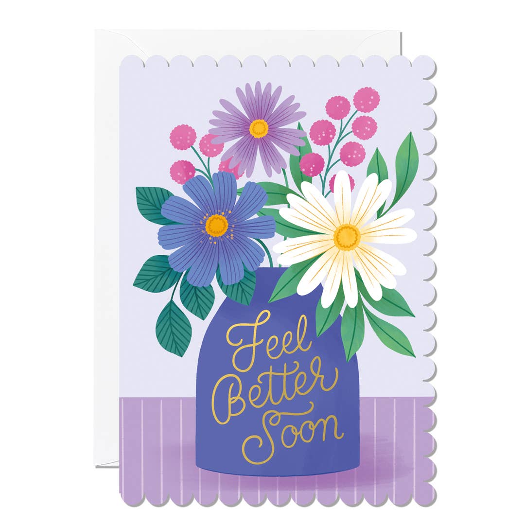 Feel better soon card. Vase of flowers.