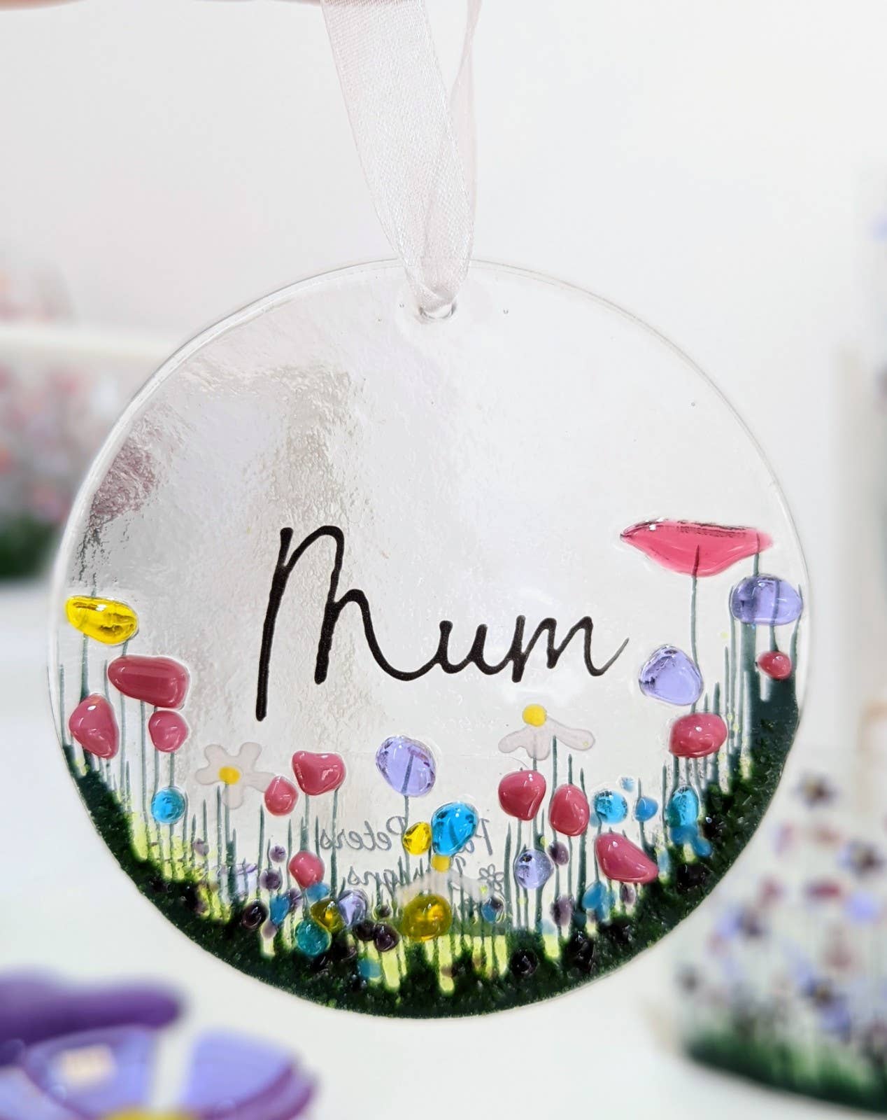 Fused glass hanging floral detail and Mum in the centre.
