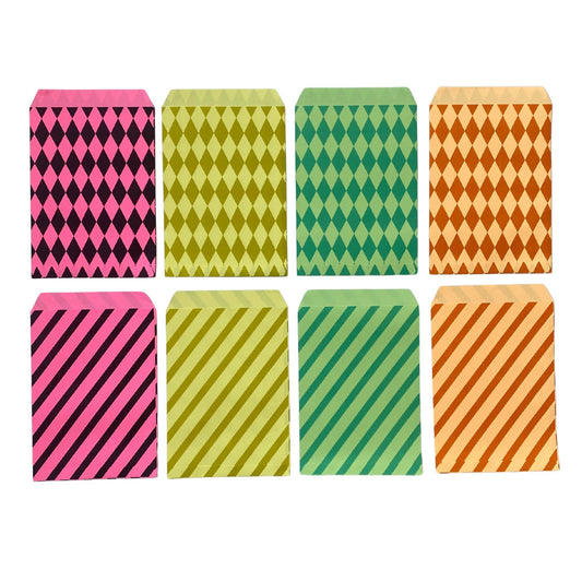 Set of eight small envelopes with diamond and striped patterns in pink, green, and orange on a white background.