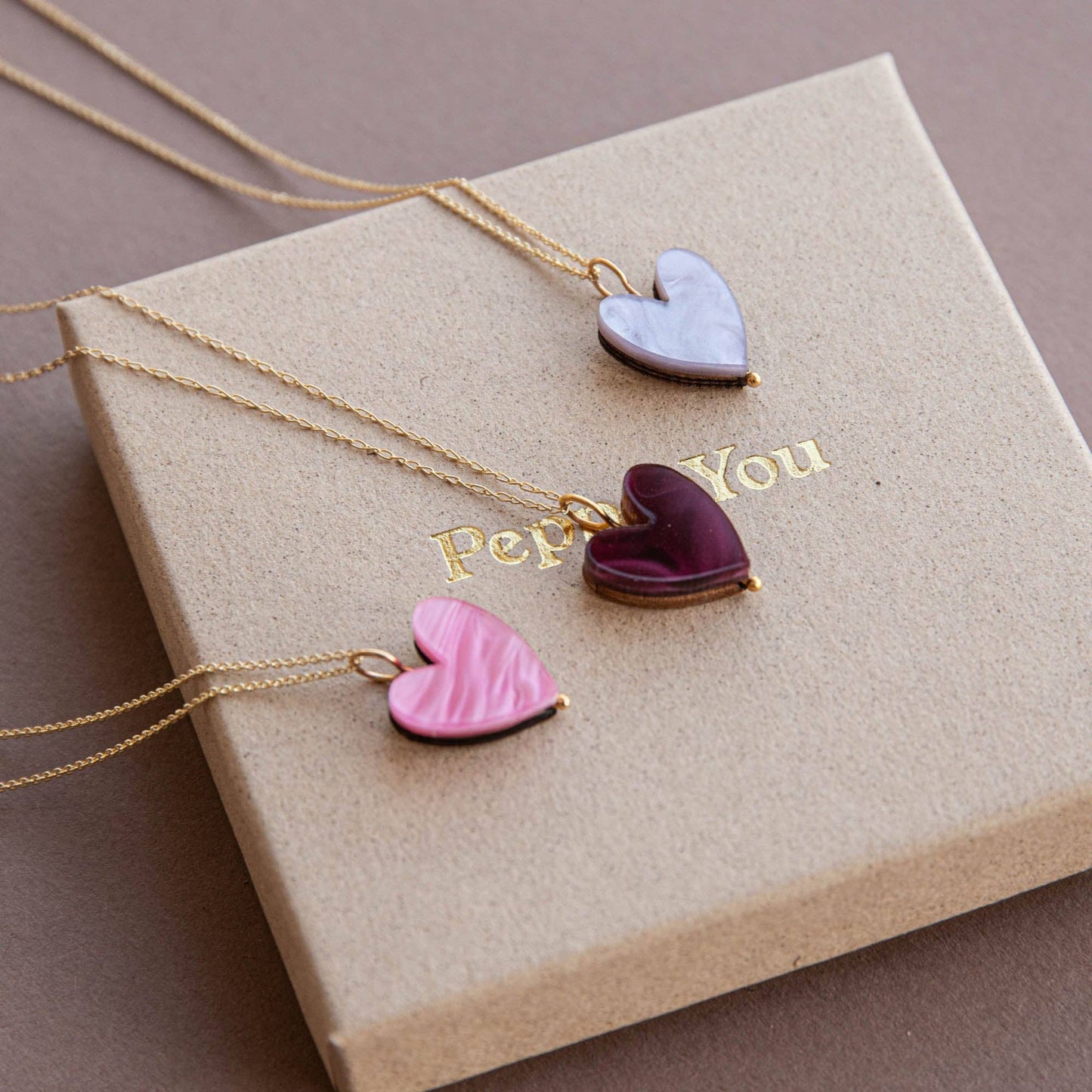 Heart Pendant. Acrylic backed with wood. Gold Chain.