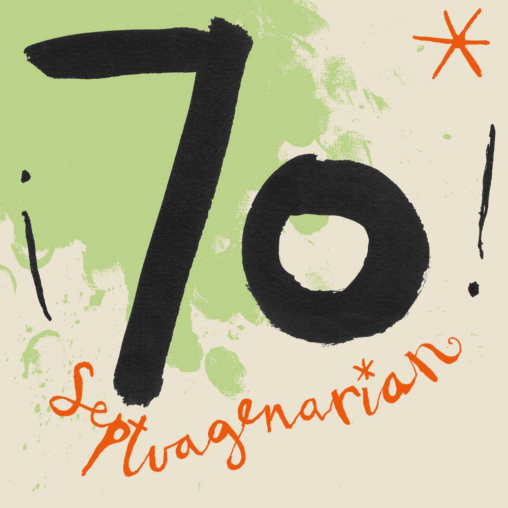 Vintage-style card with '70!' and 'Leptswagenarian' text on a textured background