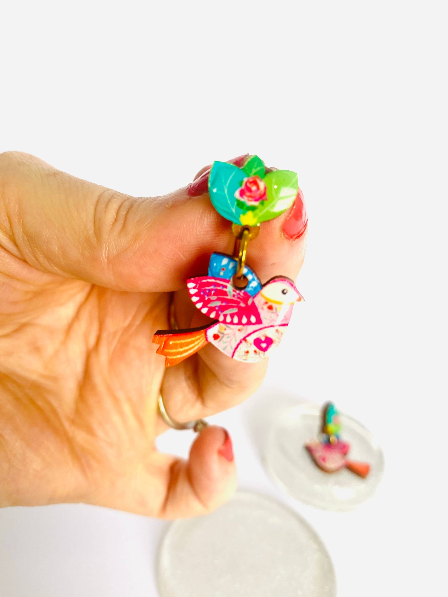 Resin and Wood folk style bird drop stud earrings.