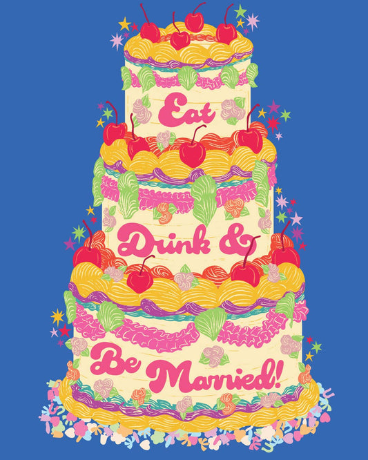 Illustration of a fancy wedding cake. Wedding Card. Words on Cake, Eat, Drink and Be Married.