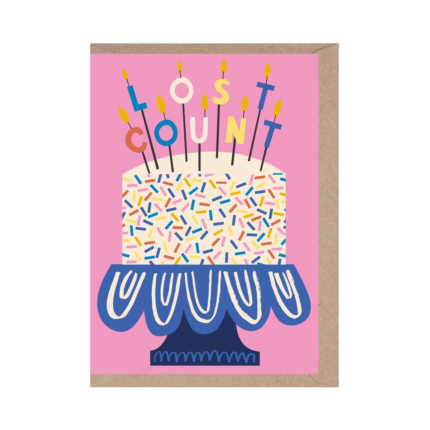 A fancy birthday cake on a decorative footed plate on a pink background. The candles in the shape of letters reads Lost Count. Birthday Card.