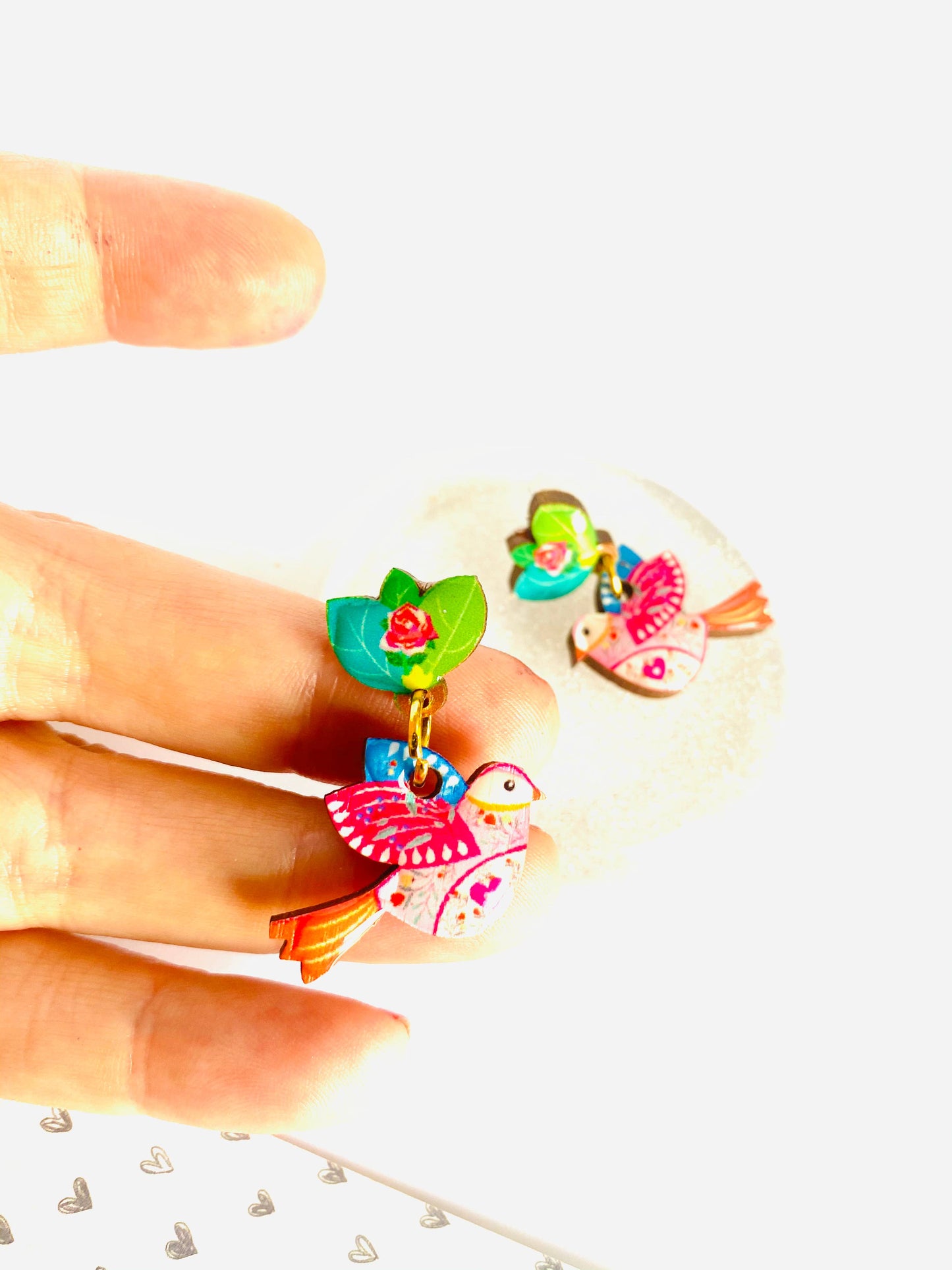 Resin and Wood folk style bird drop stud earrings.