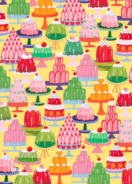 Pattern of colorful jelly desserts on a yellow background