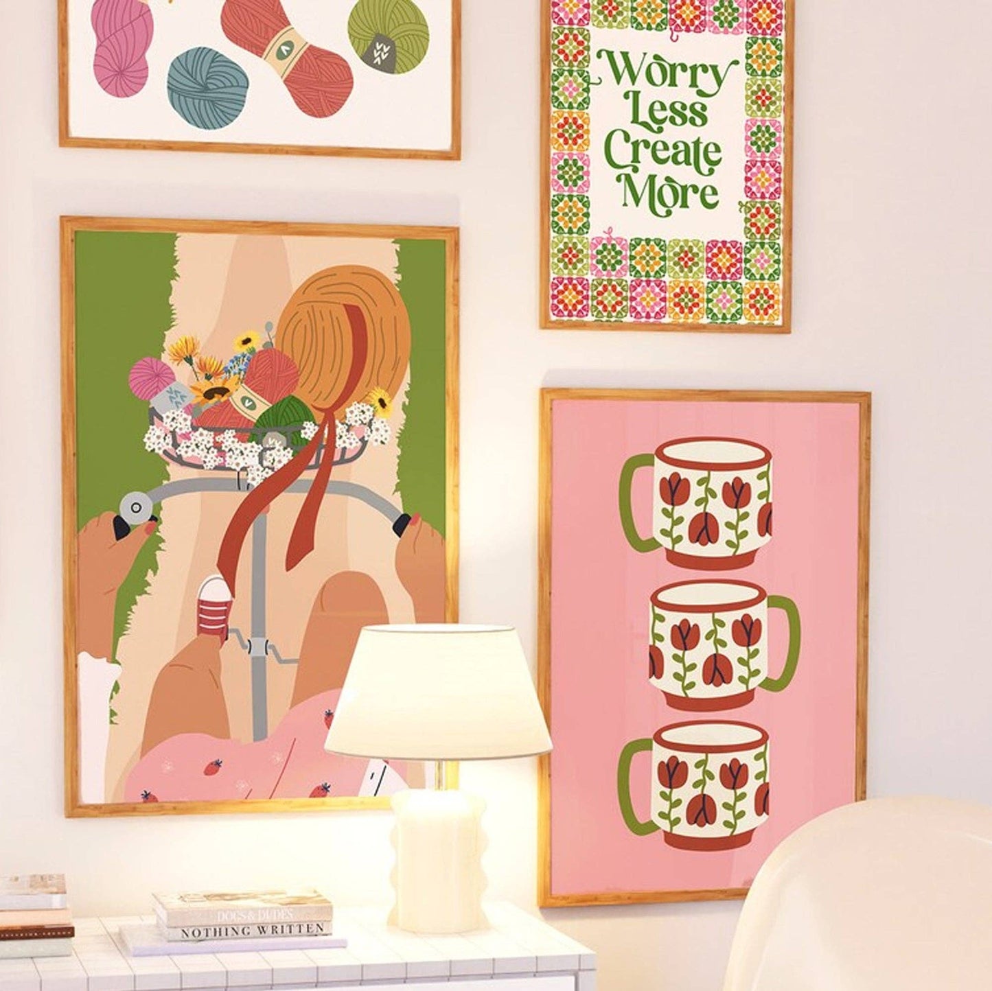 Cute print saying Worry less create more.