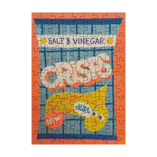 Jigsaw puzzle with a colorful design of a fish and text on an orange border