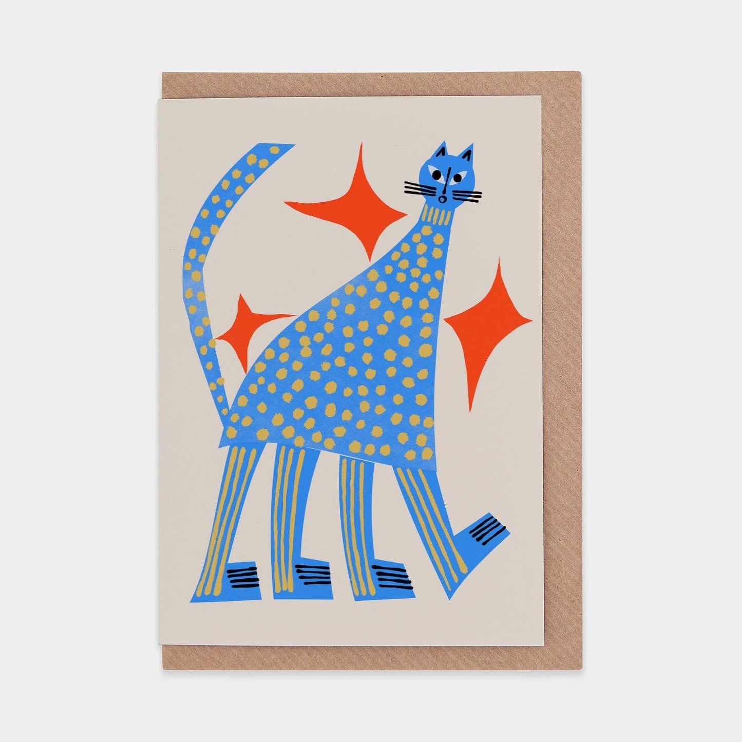 Greeting card with a blue cat illustration on a beige background