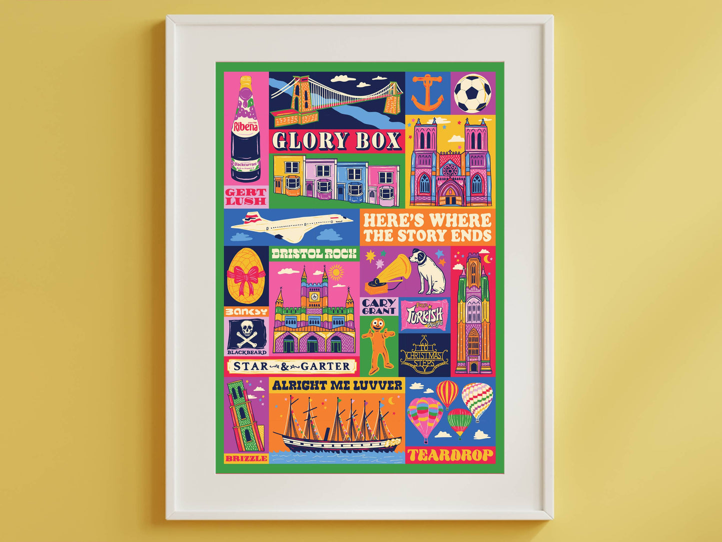 Colourful illustrated print of Bristol achitecture, phrases, sights etc