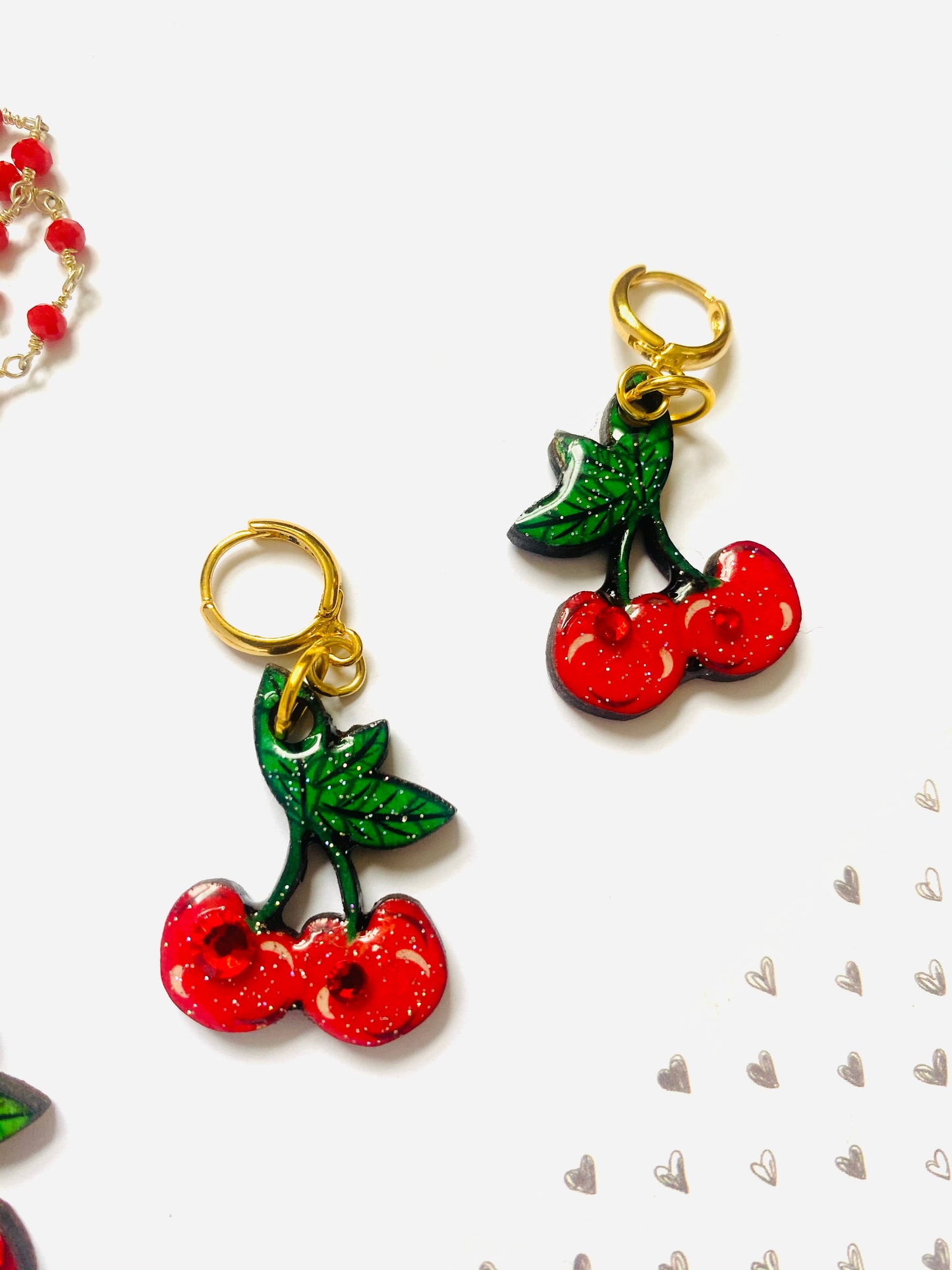 Resin and wood Cherry drop earrings.