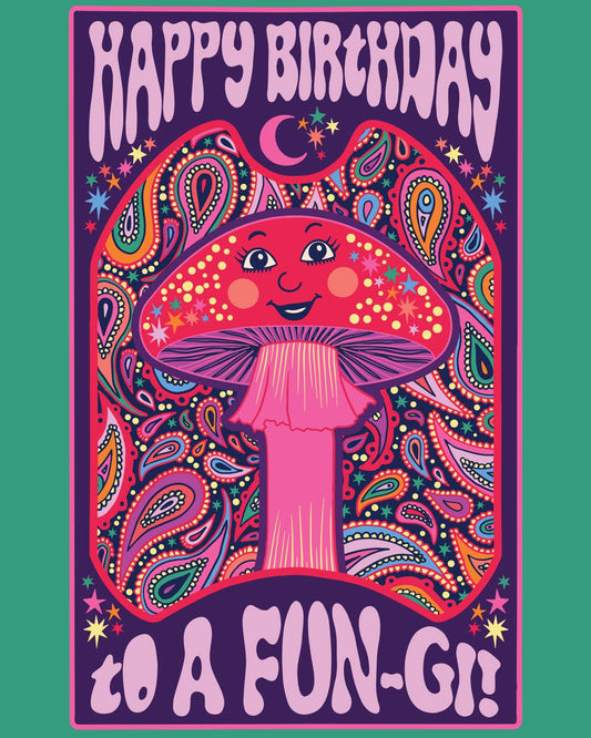 Happy Birthday to a fun-gi Pretty ornate drawing of a mushroom with a face. Blank inside.