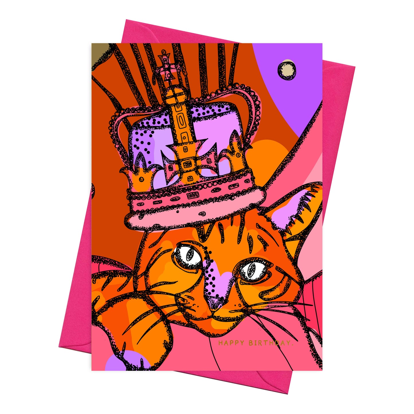 Ilustration of a cat wearing a crown in pinks, reds and oranges