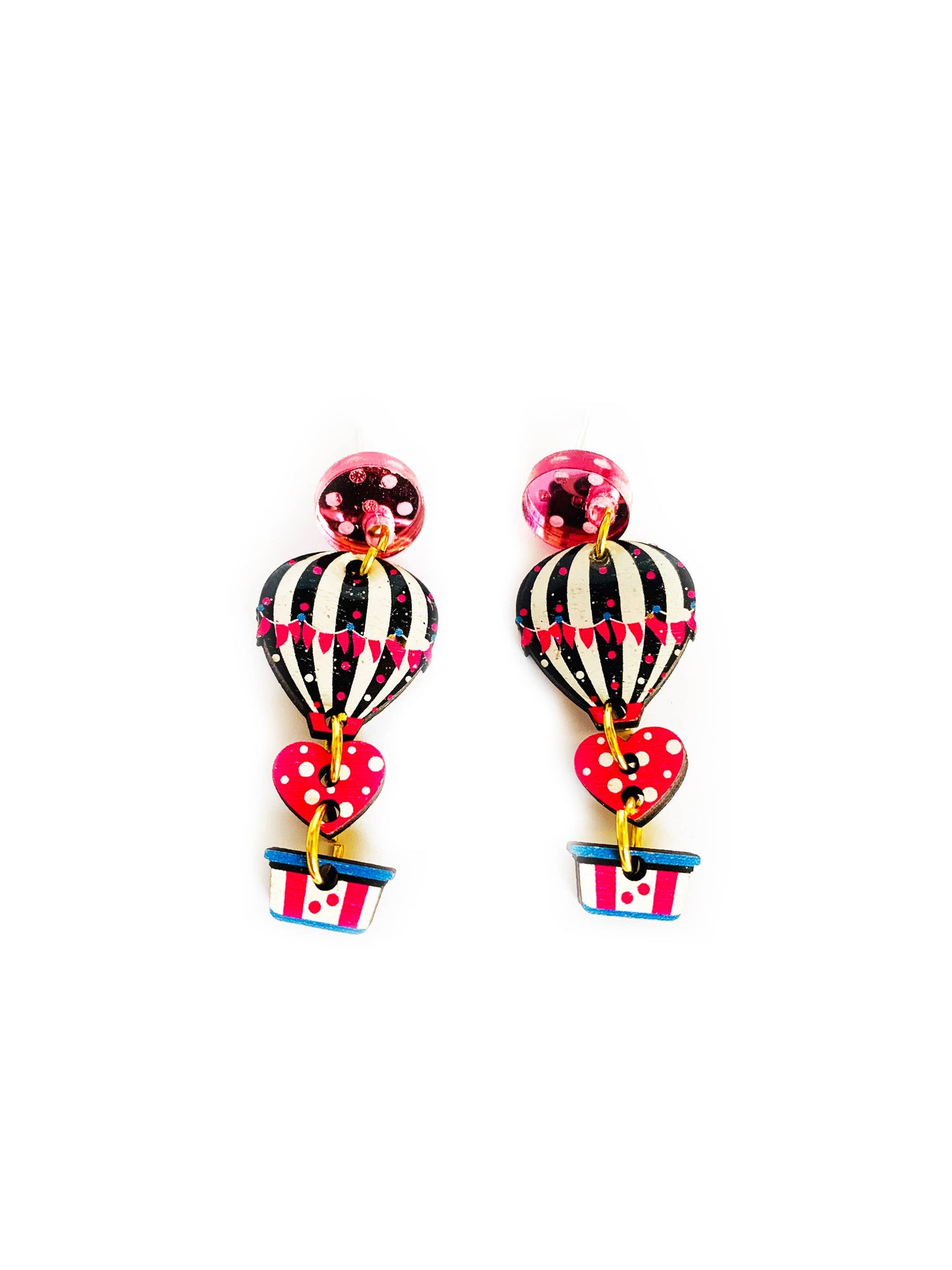 Wood and resin funky drop hot air balloon and heart earrings.