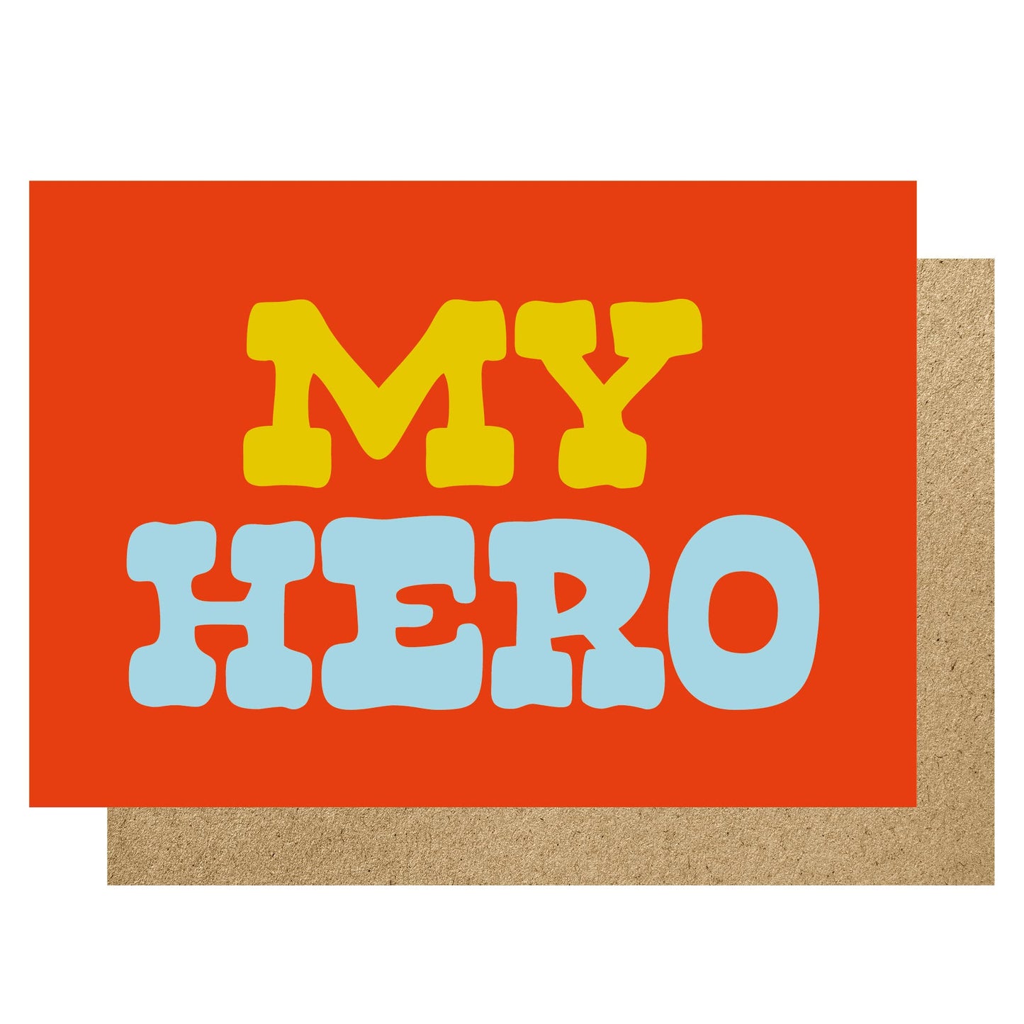 Card with 'My Hero' text in yellow and blue on a red background