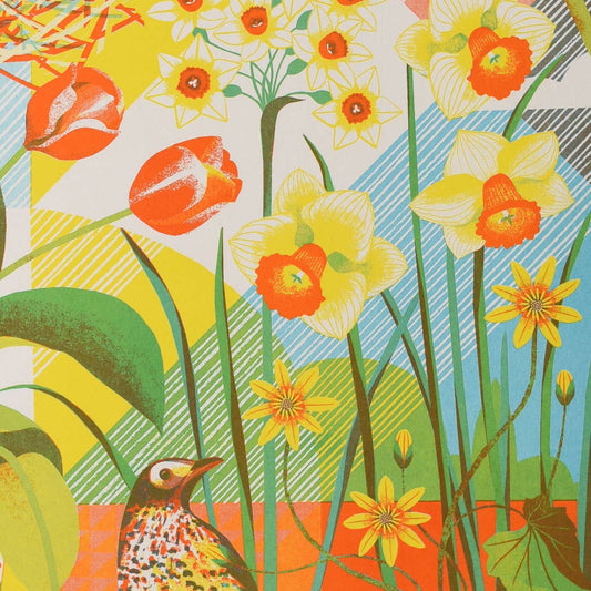 Risograph print of spring , tulips, daffodils and birds nests.
