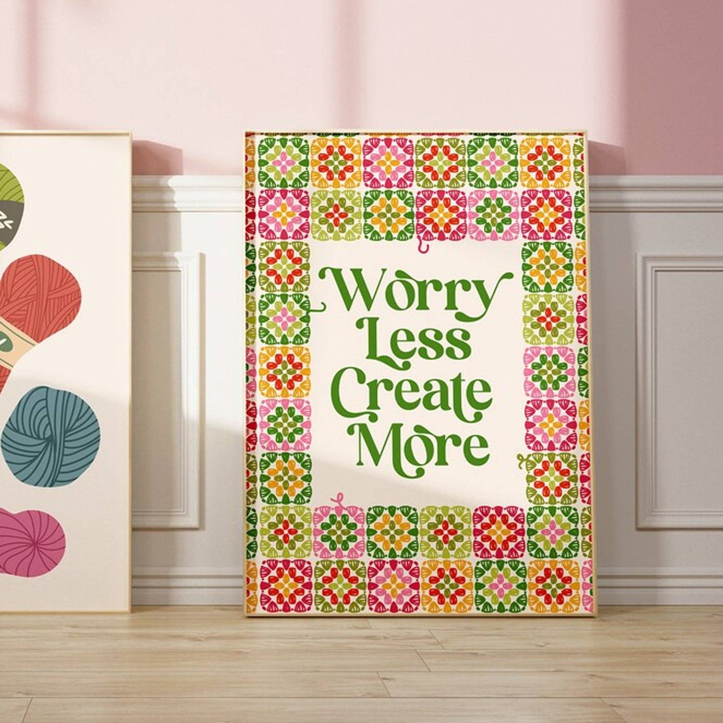 Cute print saying Worry less create more.