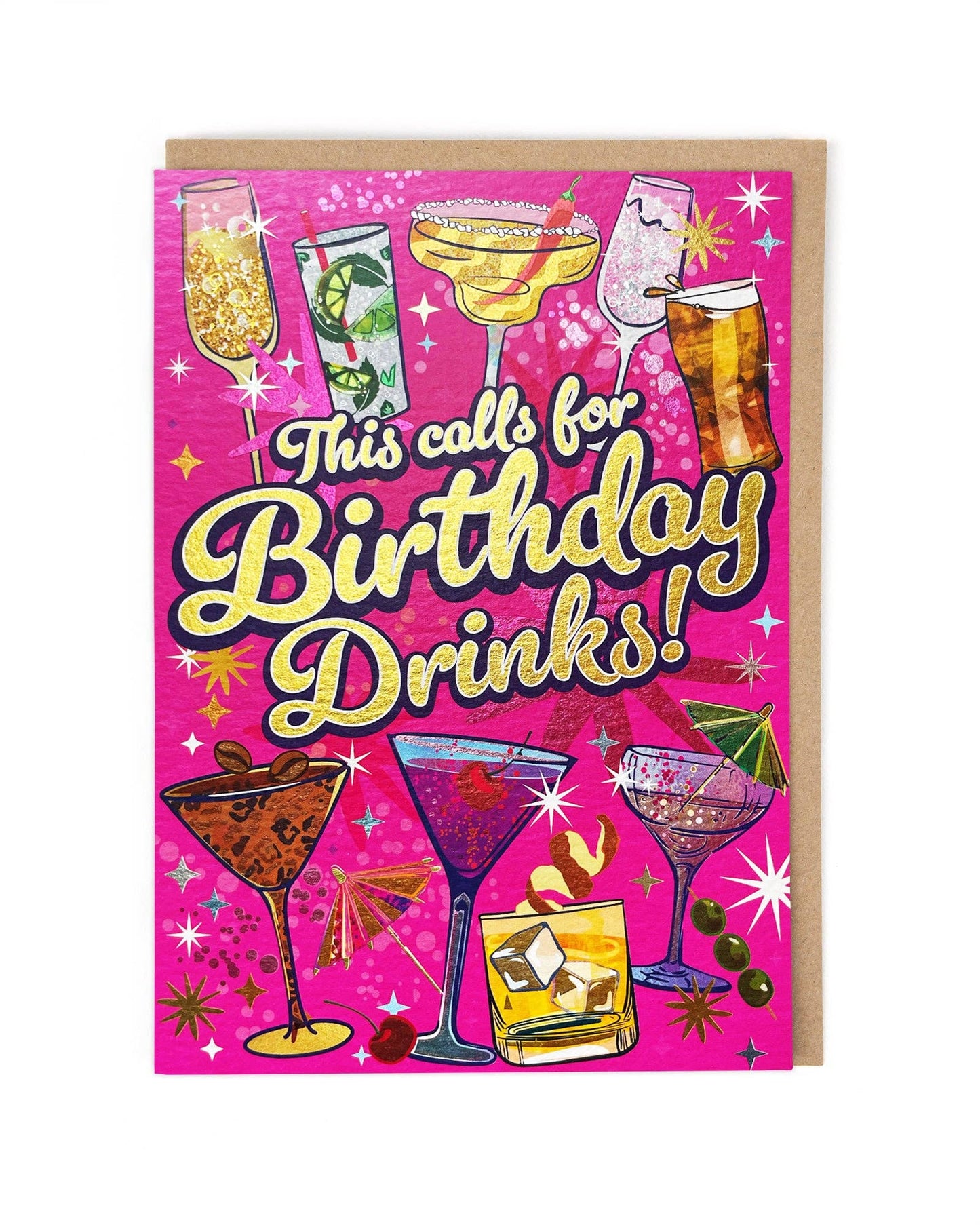 A hot pink card featuring various alcoholic drinks/cocktails with a script font in the centre reading "This calls for birthday drinks!".