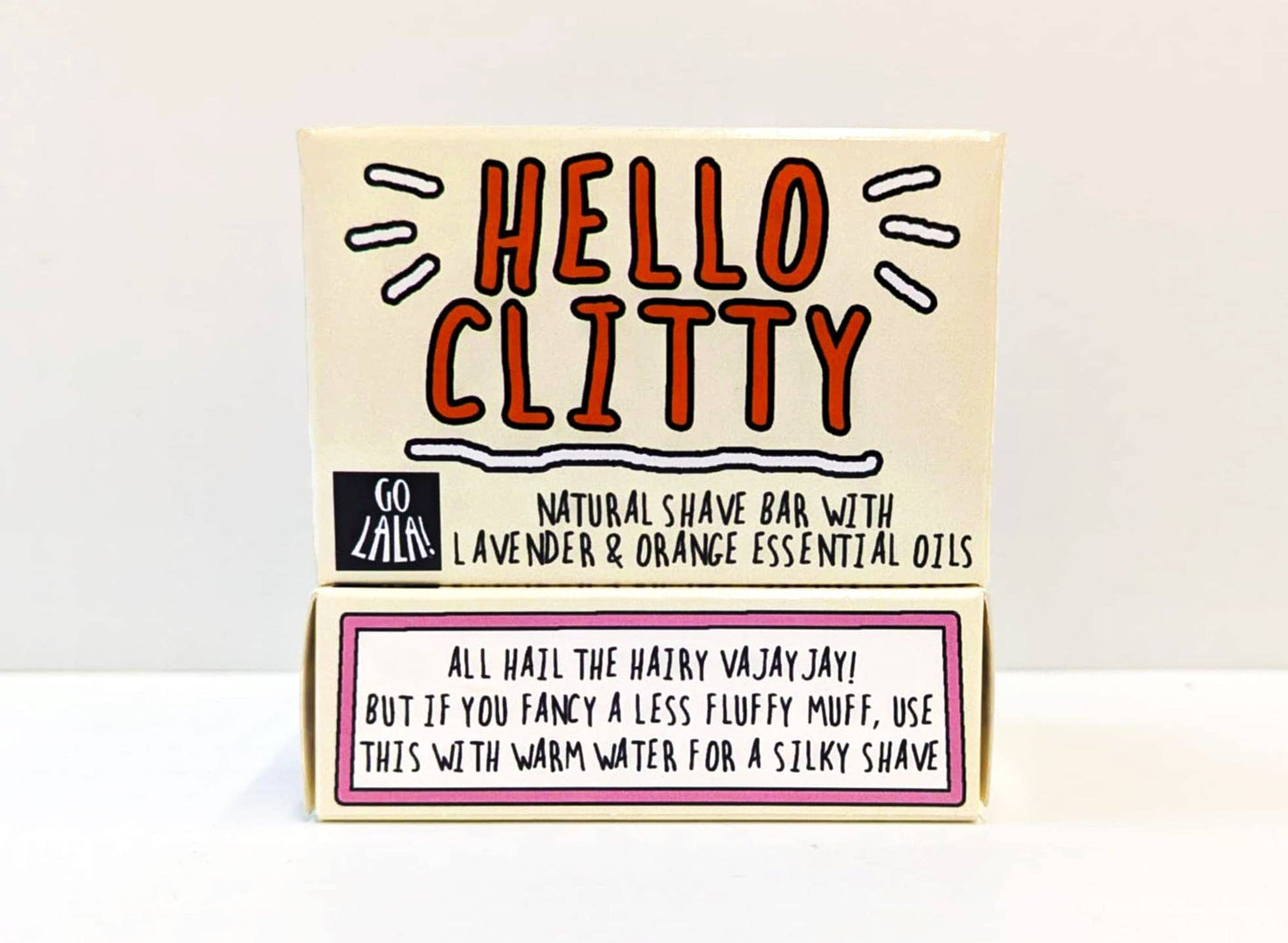 Box of 'Hello Clitty' natural shave bar with text on a white background