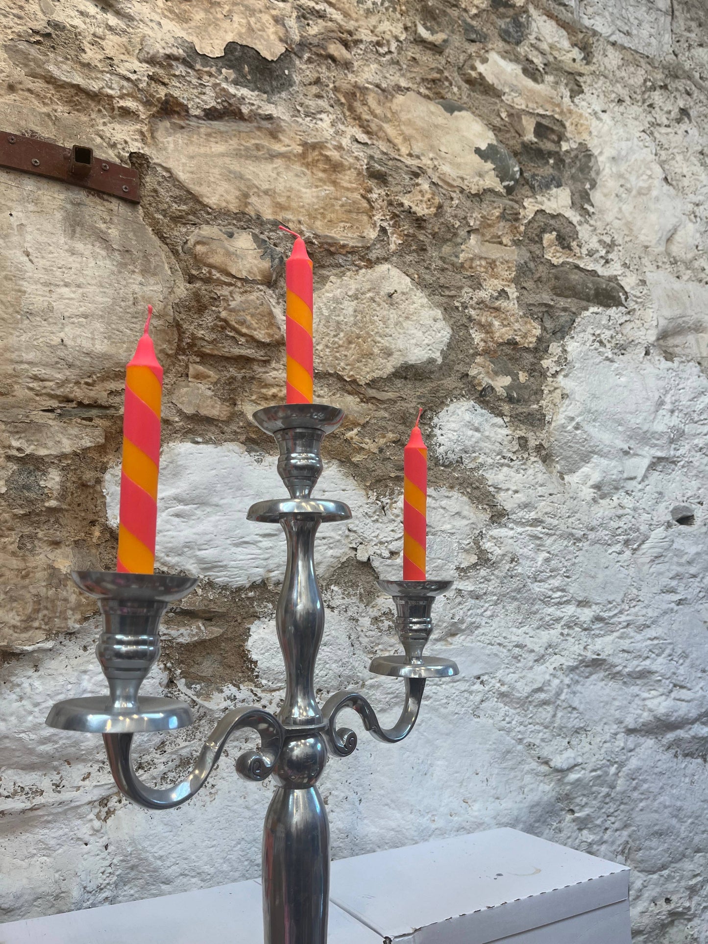 Orange & deep bright pink Helter Skelter Dinner Candle