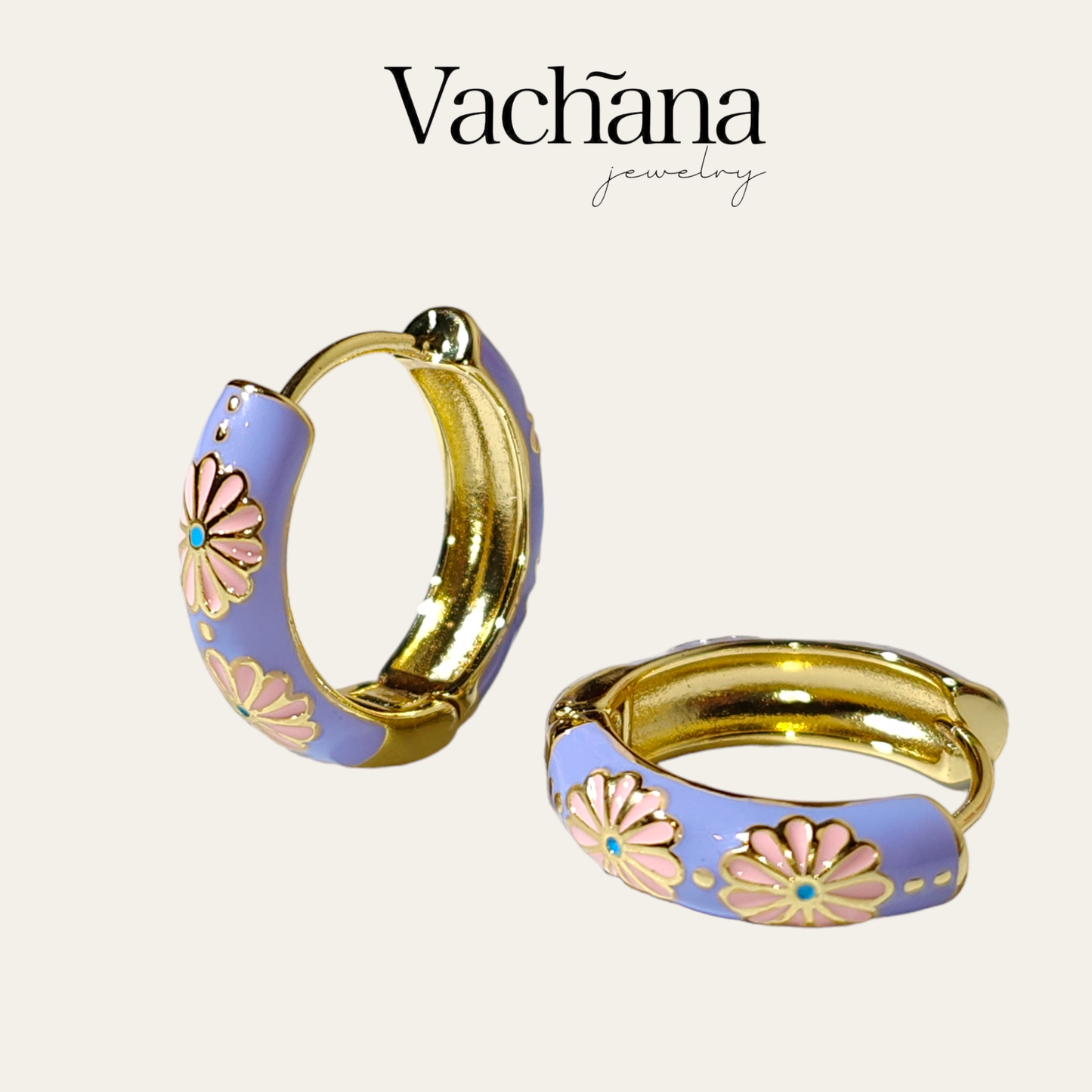 Floral pastel gold plated hoops