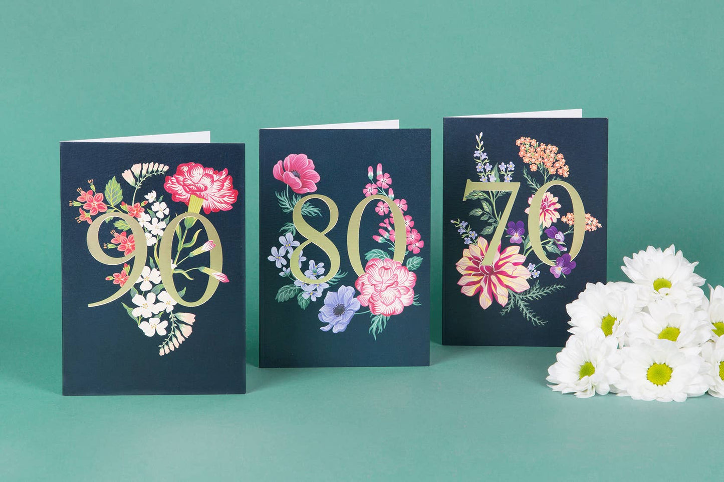 Gold 80 with flowers on a dark background. Card blank inside.