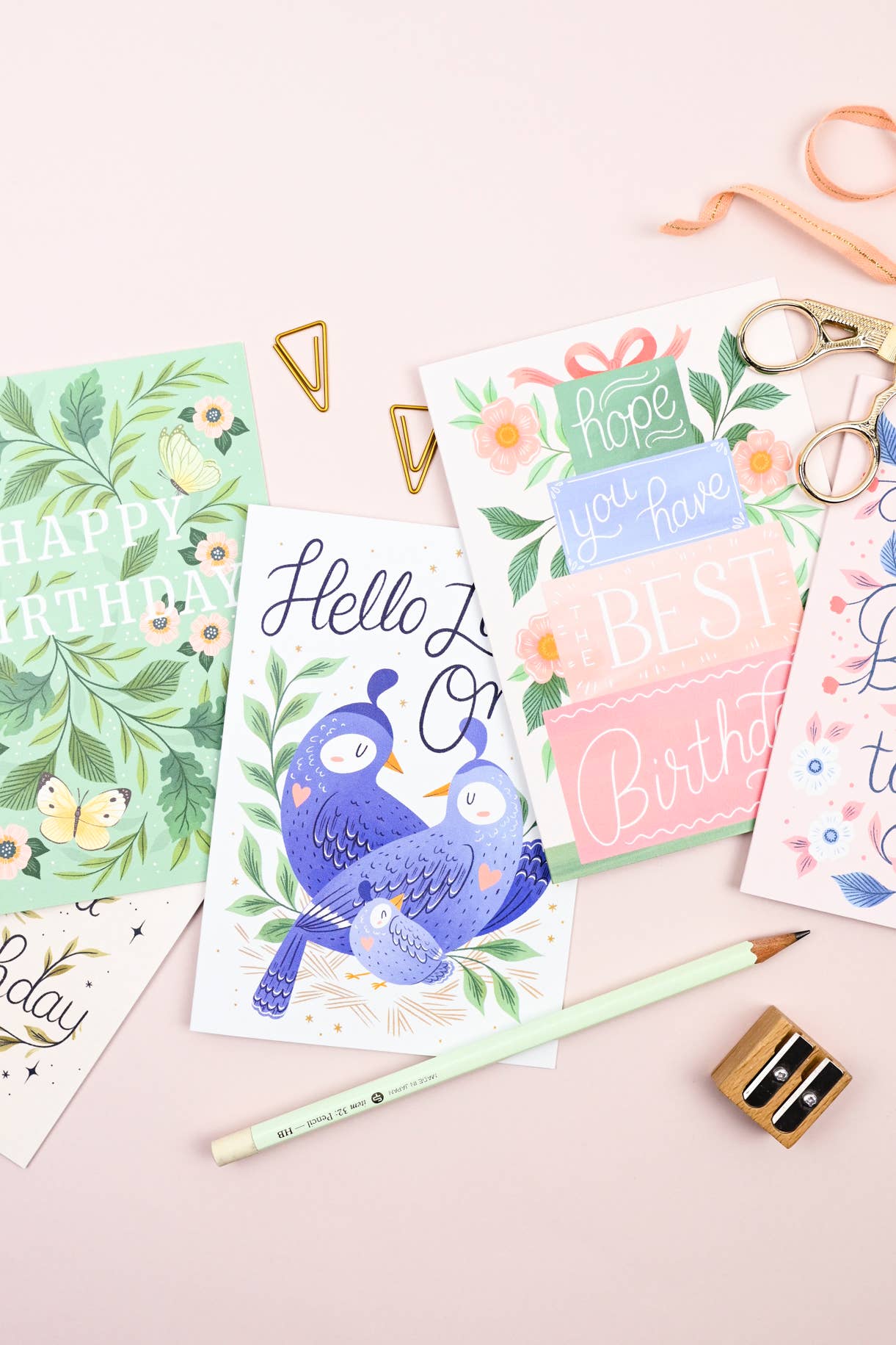 Hello Little One. New Baby Card. Love Birds with a baby bird.