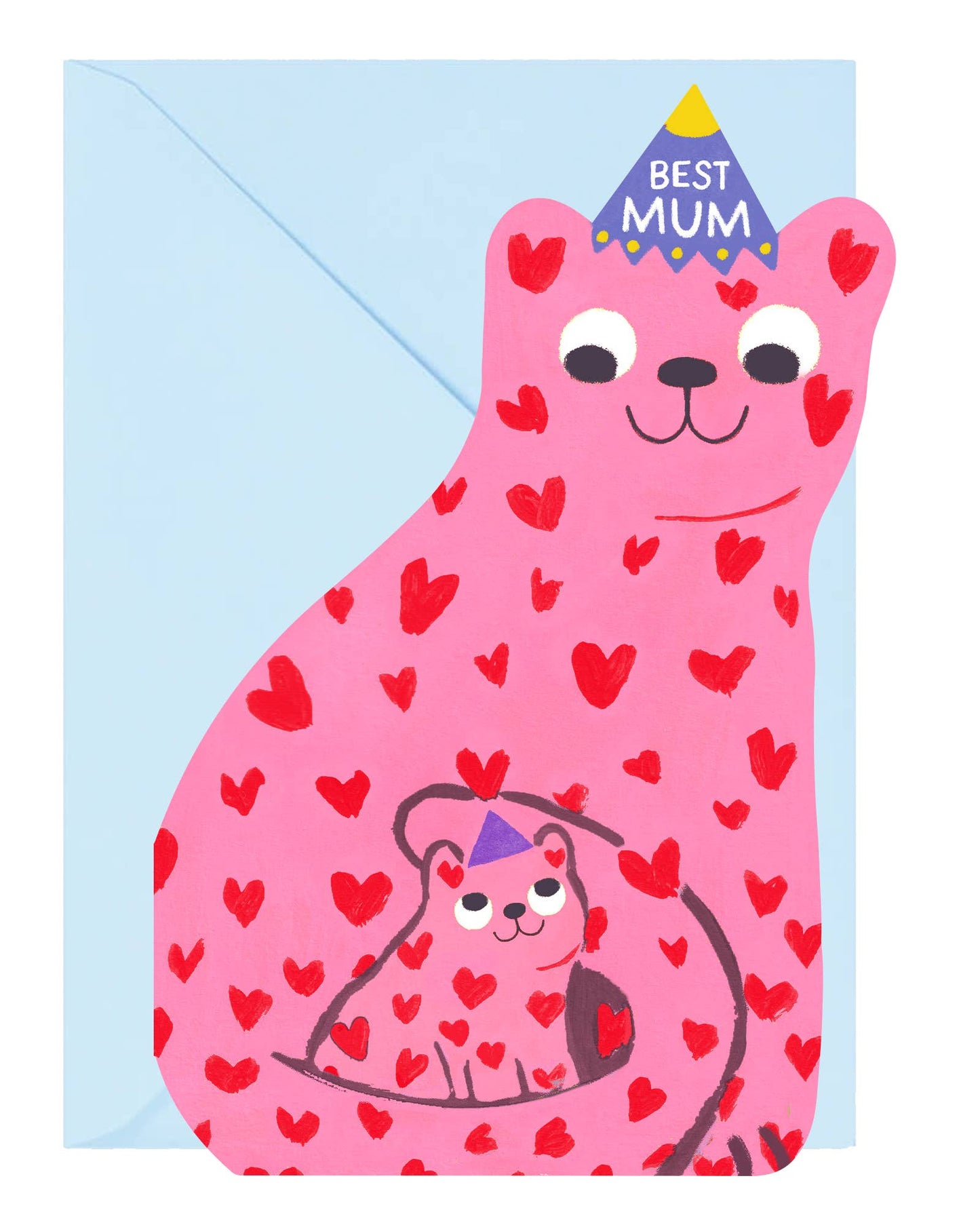 Card with a pink cat illustration on a blue background, featuring hearts and 'Best Mum' text.