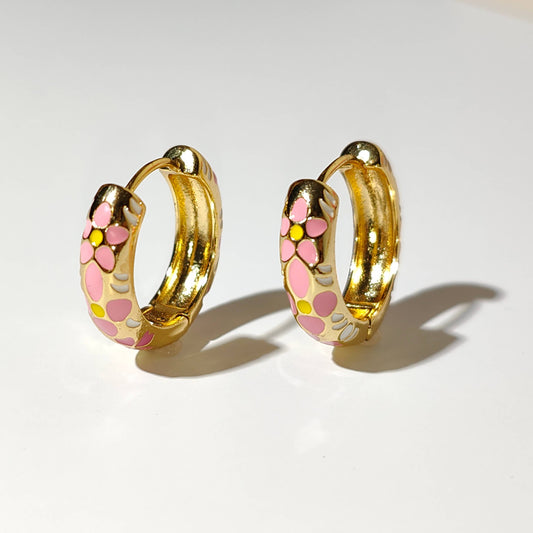 Flower Pastel gold plated hoop earrings.
