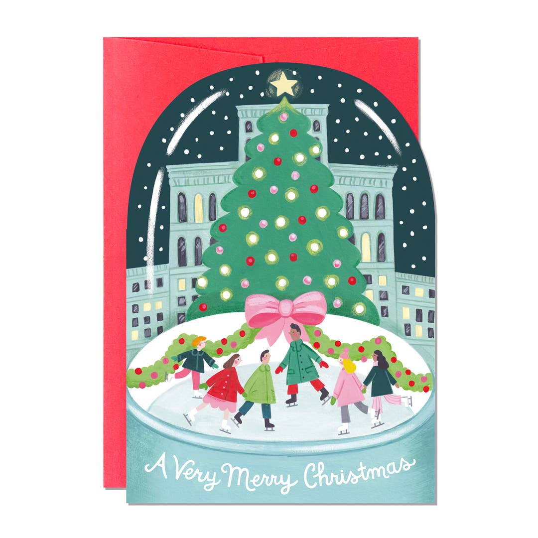 Christmas Card. Snow Globe illustration with a Christmas Tree and skaters. Text reads A very Merry Christmas.