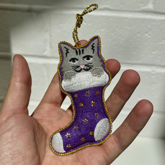 Cat in Stocking Embroidered Decoration, 11cm