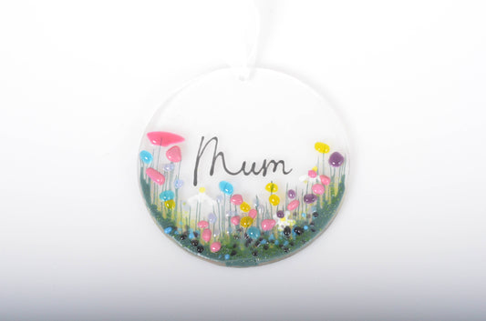 Fused glass hanging floral detail and Mum in the centre.