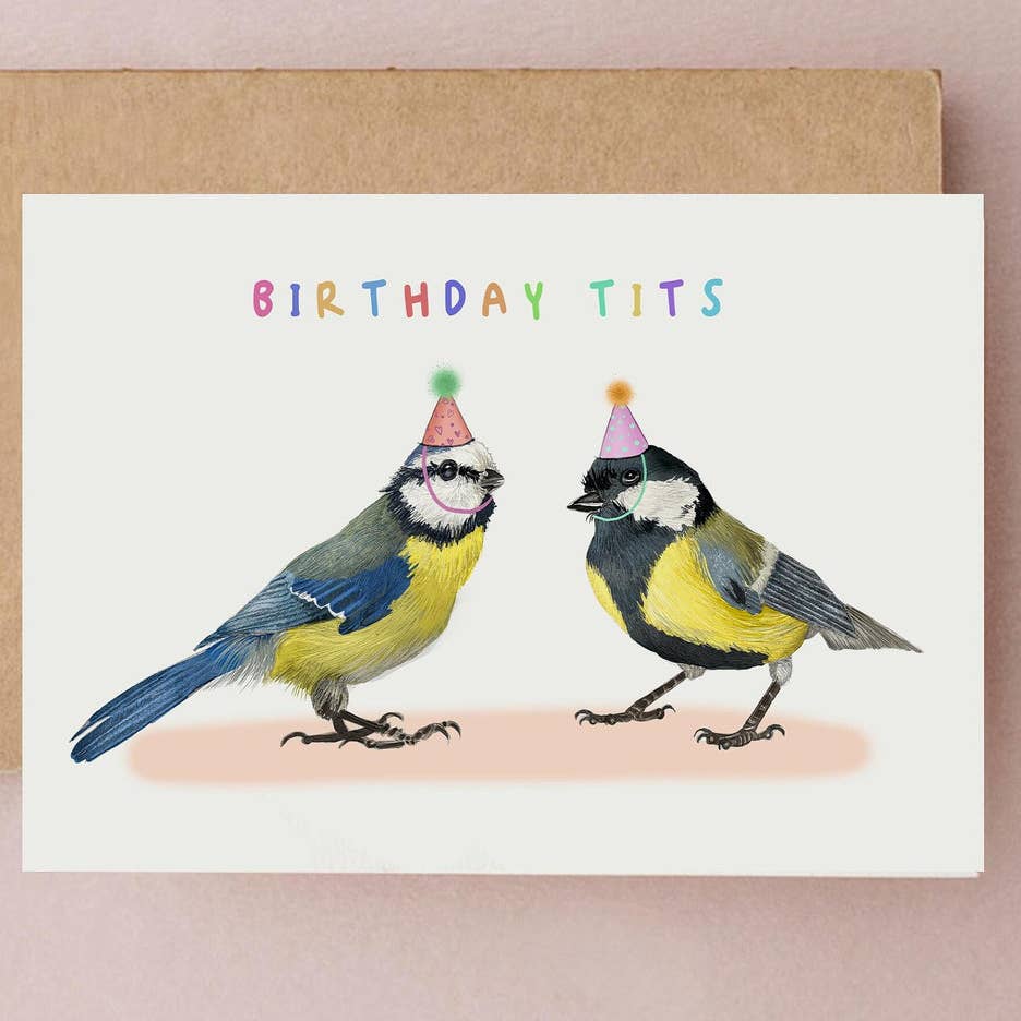 Card with two birds wearing party hats and 'Birthday Tits' text on a plain background