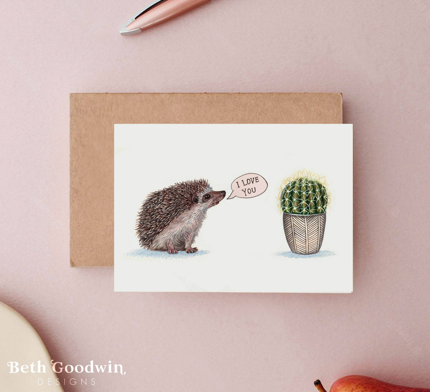 Greeting card with hedgehog and cactus illustration on a pink background