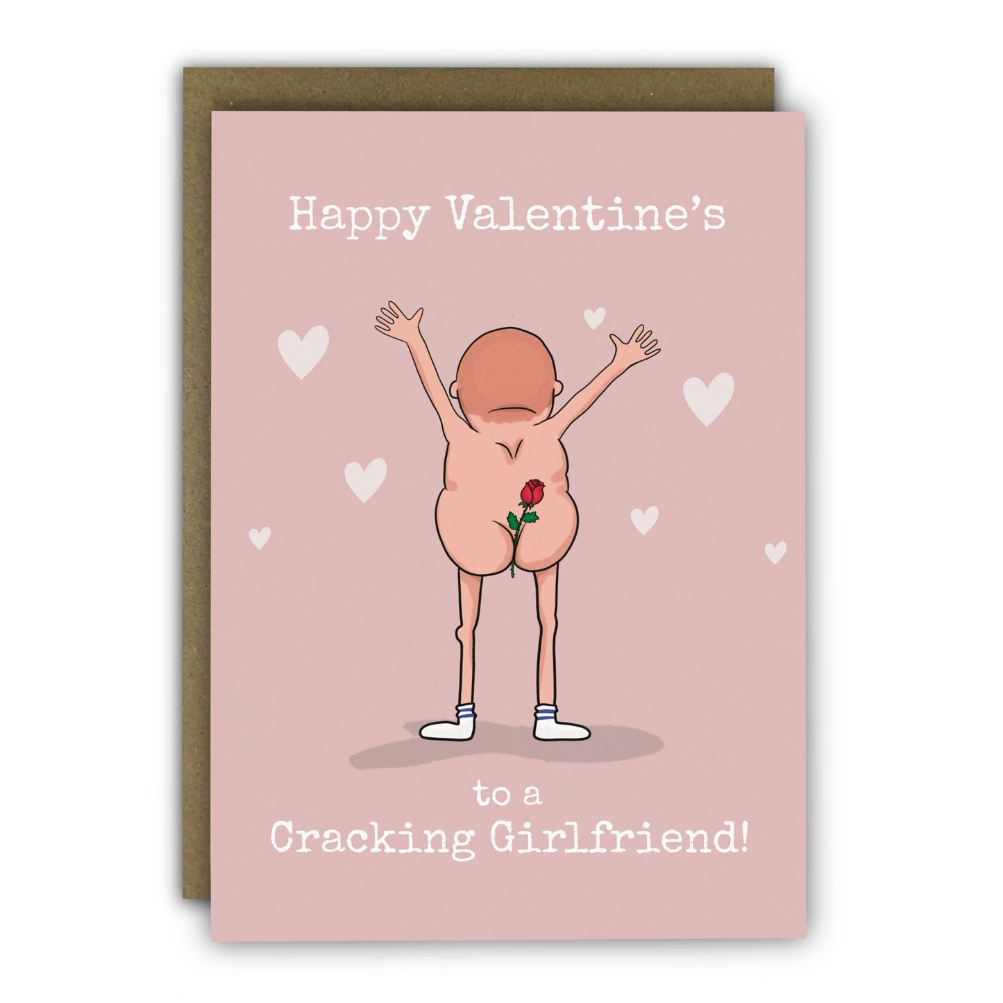 Valentine's Day card with a cartoon illustration of a person holding a rose, on a pink background with hearts.