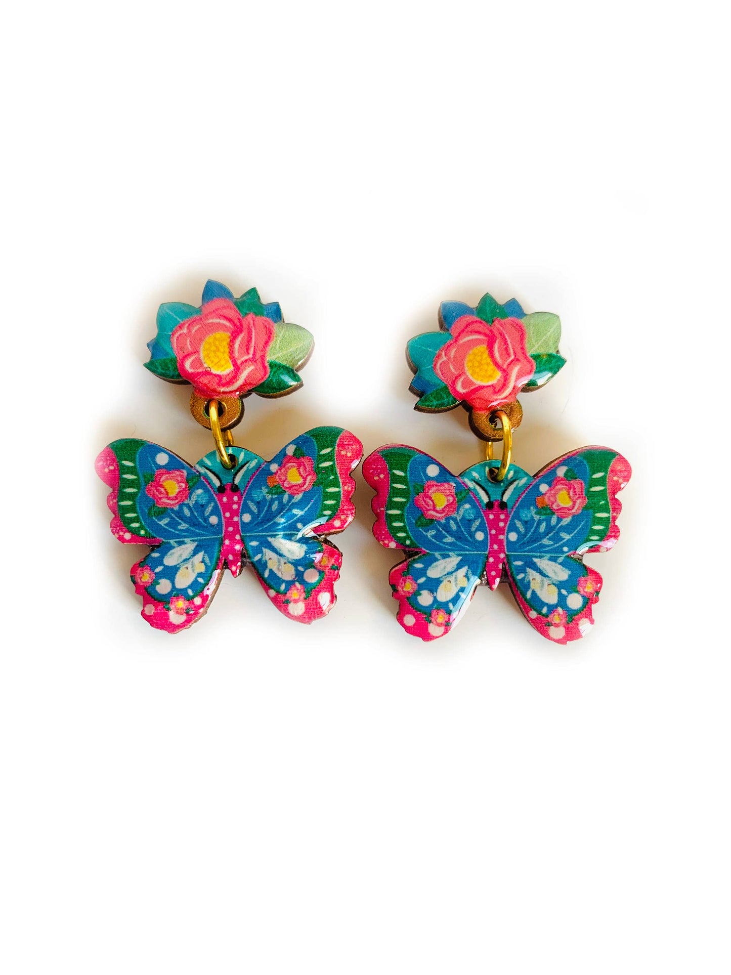 Floral and butterfly wooden and enamel earrings.