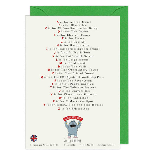Letterpress card with alphabet poem and cartoon character, featuring a green envelope.