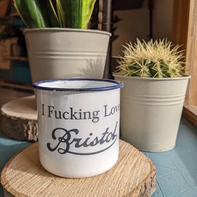 Enamel tin mug with laser cut scroll Bristol or I Fucking Love Bristol.