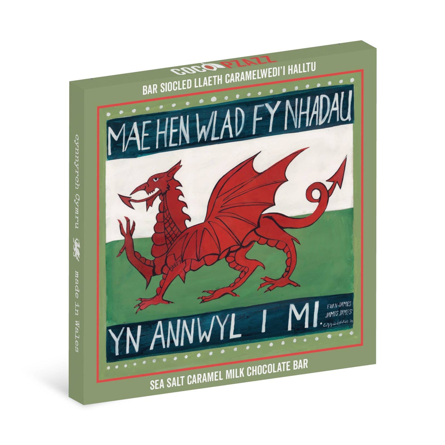 A boxed chocolate bar package shown at a slight angle on a white background. The front features a Welsh flag design with a red dragon, the Welsh national motto, and the text 'SEA SALT CARAMEL MILK CHOCOLATE BAR' on the side.