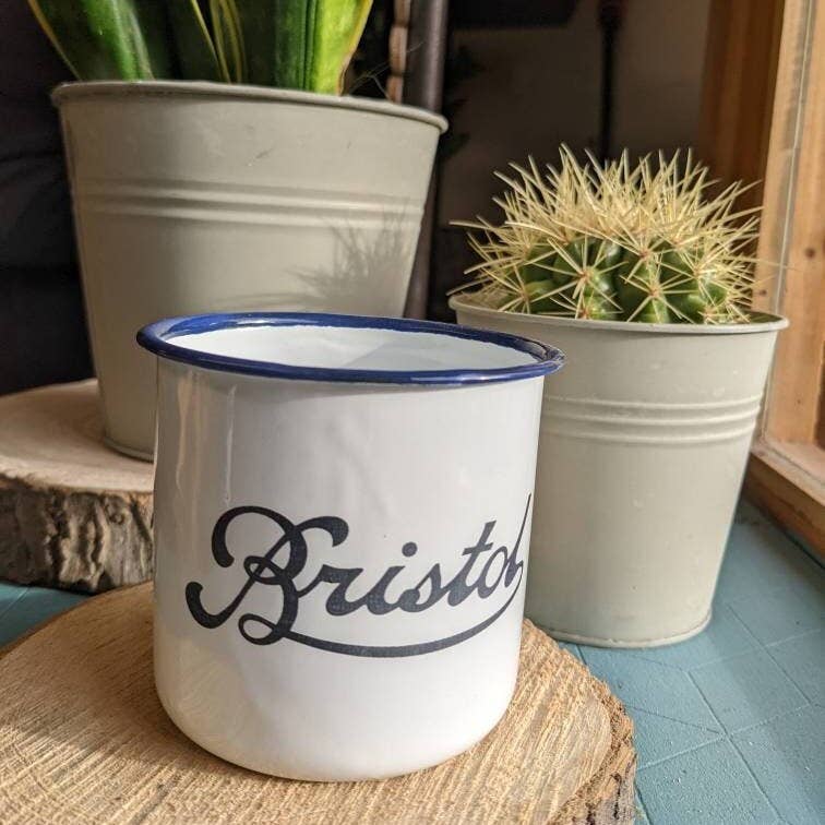 Enamel tin mug with laser cut scroll Bristol or I Fucking Love Bristol.