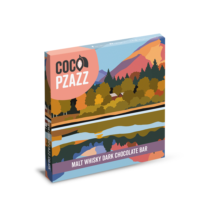 Coco Pzazz malt whisky dark chocolate bar packaging with a scenic design on a white background