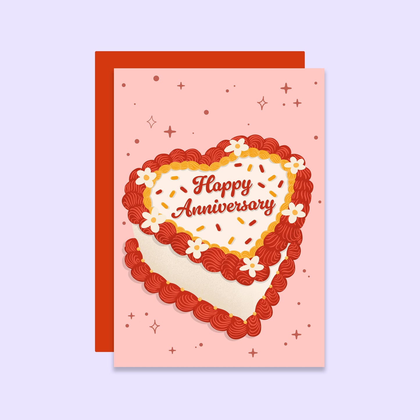 Greeting card with heart-shaped cake design and 'Happy Anniversary' text on a pink background