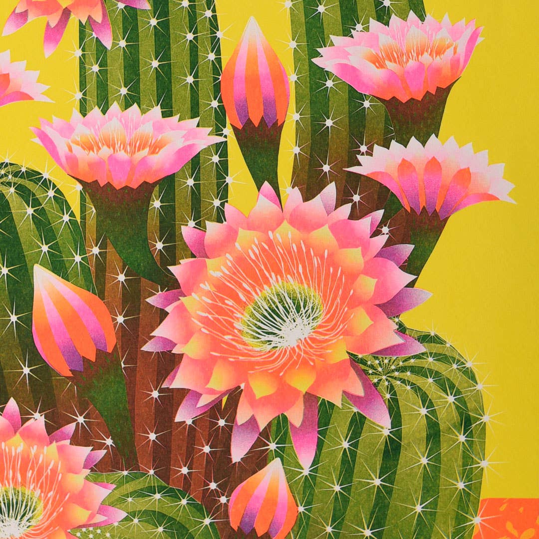 Risograph print of a flower cactus.
