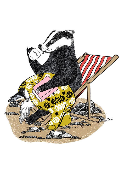An illustration of a badger relaxing with a cosy yellow blanket on his legs, sipping from a 'cariad' mug on his red and white striped deck chair.