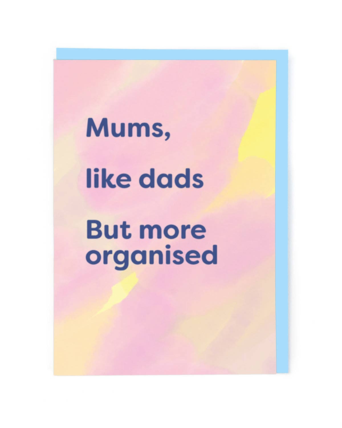 Greeting card with colorful abstract design and humorous text on a white background