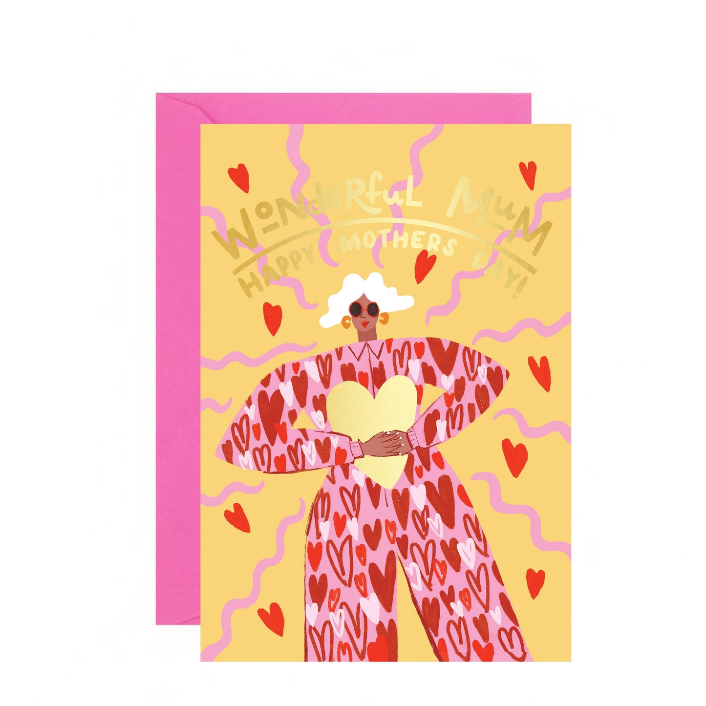 Greeting card with illustration of a woman holding a heart, surrounded by hearts and text on a yellow background.
