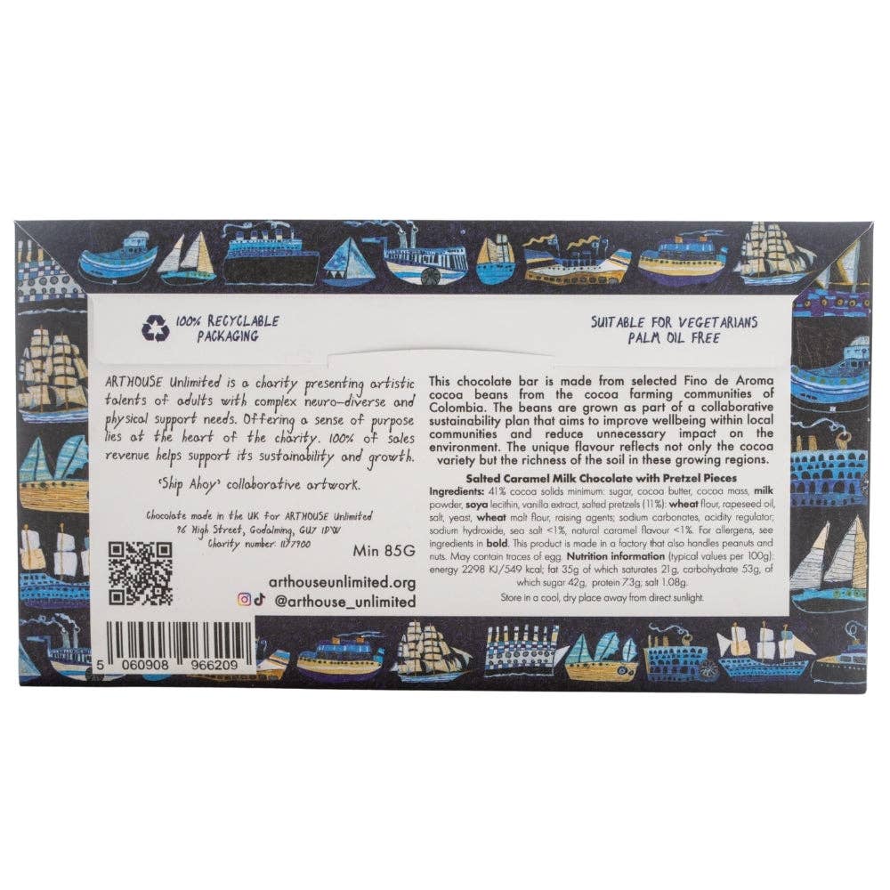 Back of a chocolate bar packaging with illustrations and text