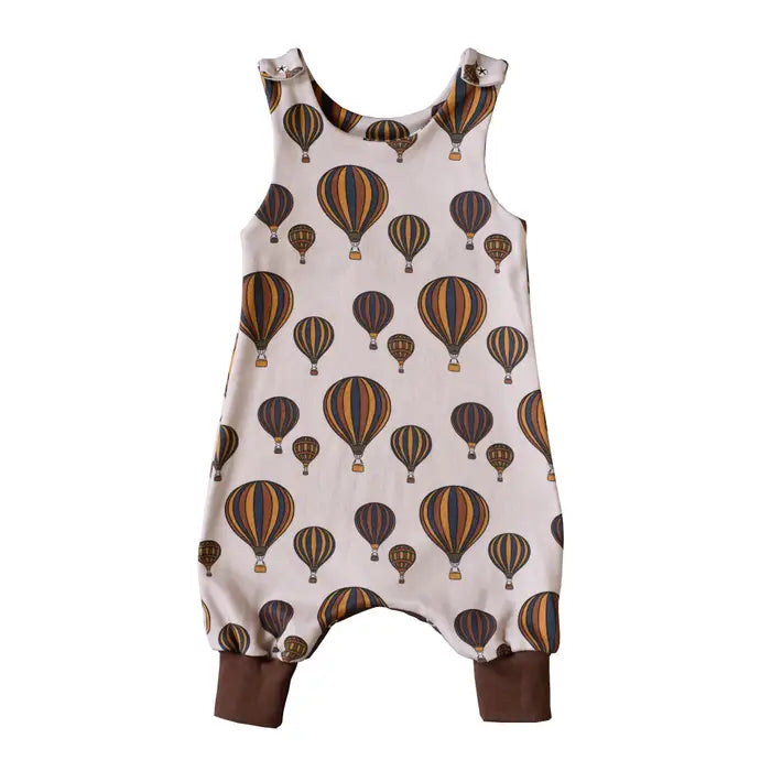 Grow with me romper for babies with hot air balloons fabric in sand colours, sizes from new born upwards.