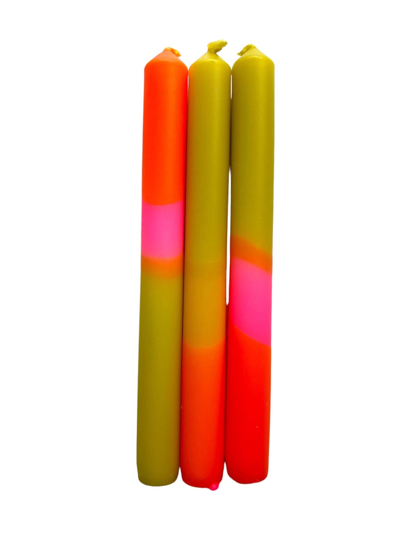 Trio of dinner candles. 70s inspired colours, olive green, orange and pink.