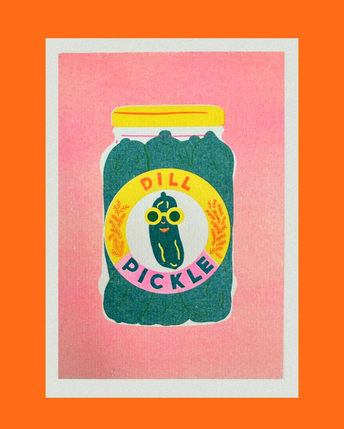 Illustration of a jar of dill pickle on a pink background with an orange border.